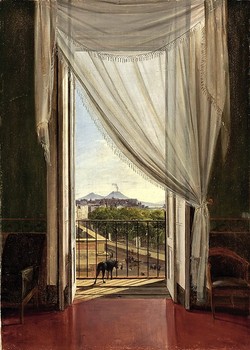 In these idealized works, open windows offer the promise of romance and adventure. Above, Franz Ludwig Catel's 'A View of Naples through a Window,' from 1824.